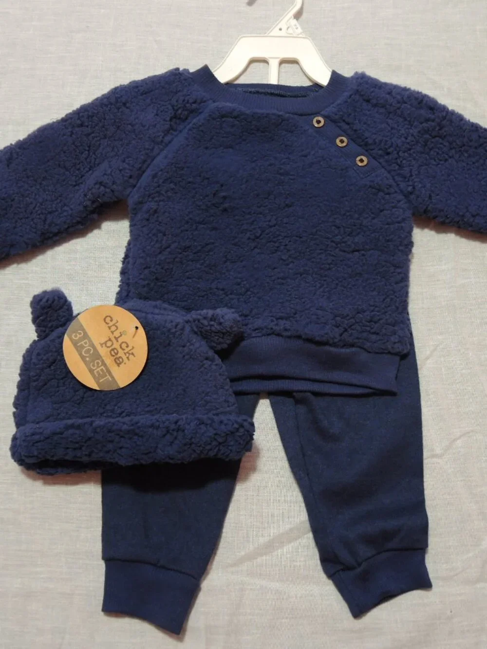 NWT Baby 3 Pc Fleece Sweat Outfit w/ Hat Dark Navy Blue Size 12 Months Chick Pea